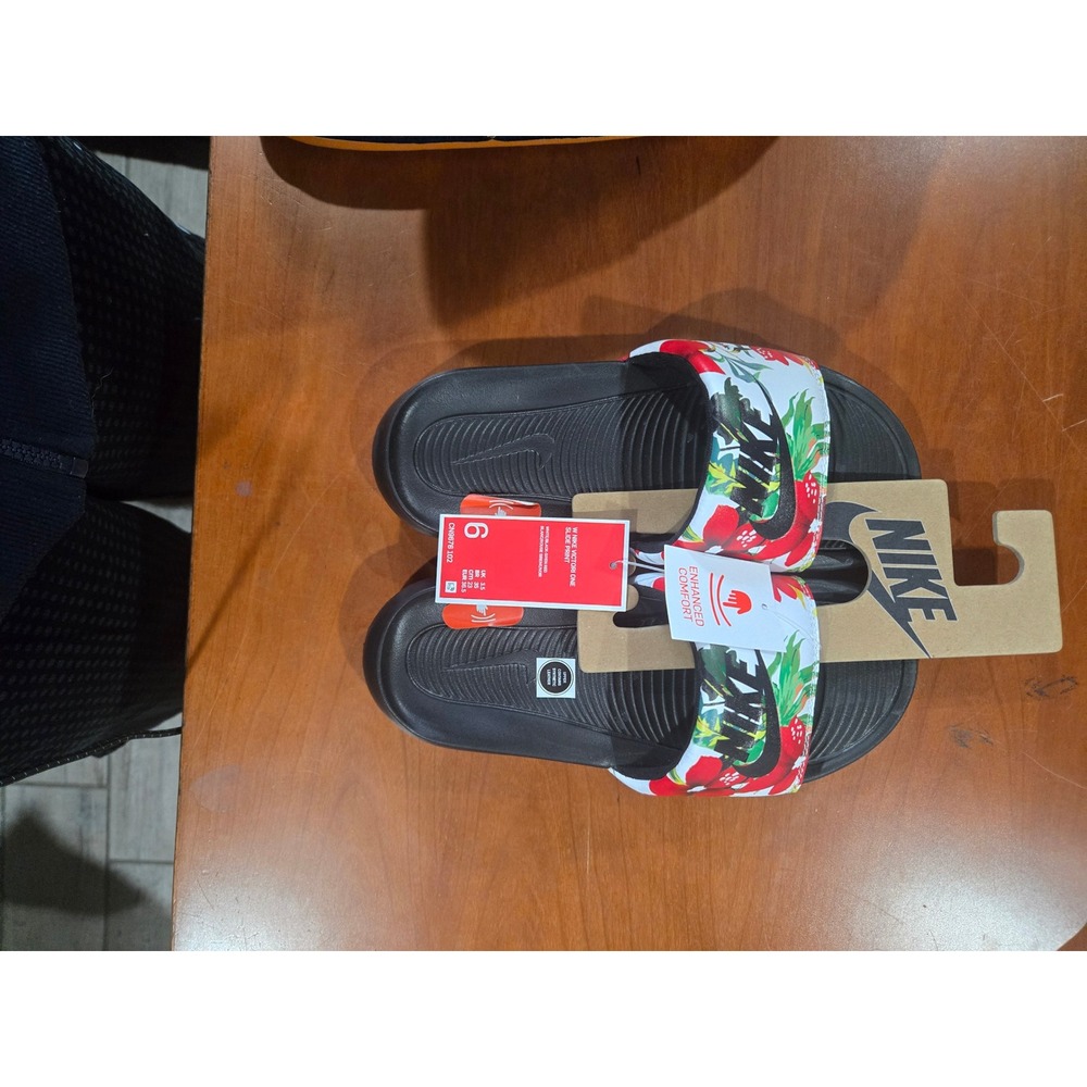 Nike Victori One Slide Print Womens 6 Black White Floral Strawberry CN9676-102